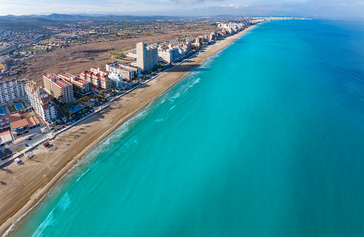 Peniscola beach aerial view skyline in Castellon on Mediterranean sea of Spain