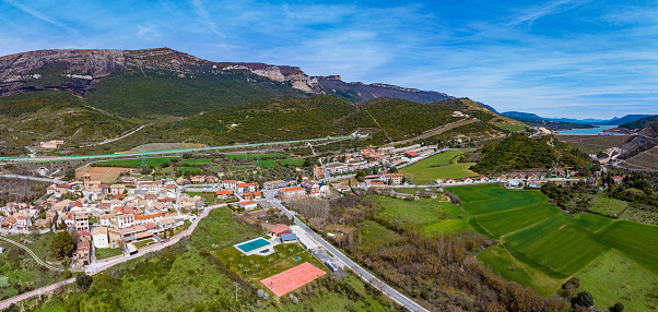 Yesa village aerial view in Navarra of Spain