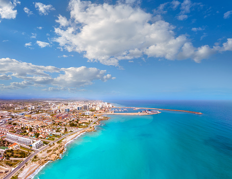Vinaroz beach village aerial view skyline in Castellon on Mediterranean sea of Spain. Costa del Azahar beach coast