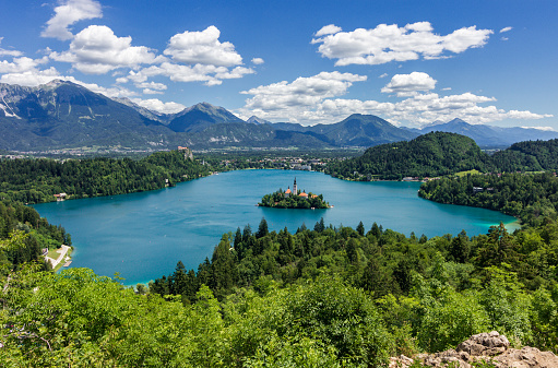 The city of Lugano and Lake Lugano seen from Balcone d'Italia, a terrace on the top of Mount Sighignola.