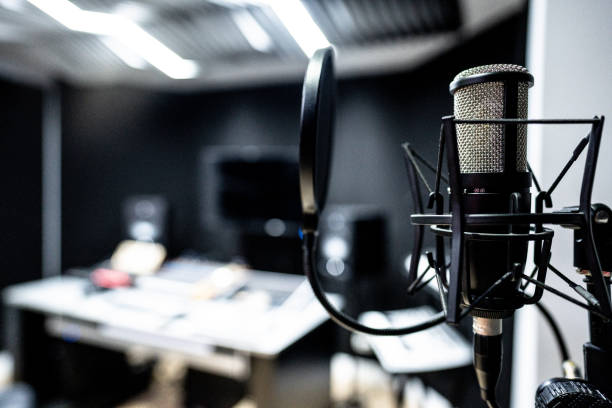 Close-up of a microphone in the recording studio