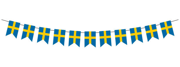 święto narodowe szwecja, girlanda ze szwedzkimi proporczykami, niebieski i żółty, wektorowy element dekoracyjny - swedish flag stock illustrations