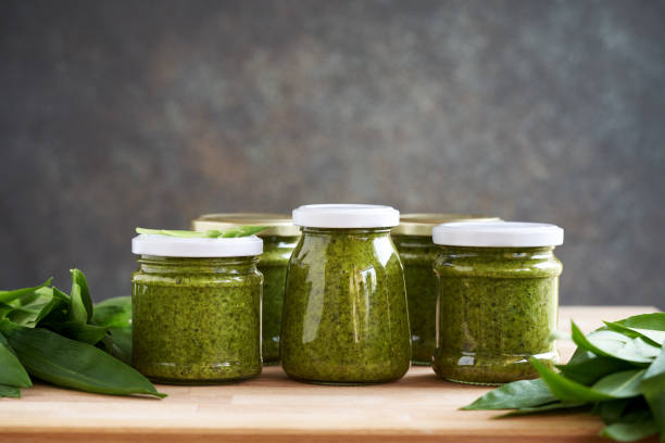 istock Bottled wild garlic pesto with copy space 1490441972
