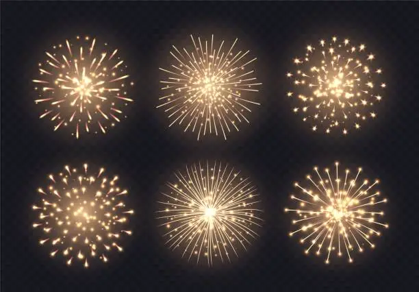 Vector illustration of Golden fireworks collection, realistic firecracker explosions set. Festive Christmas pyrotechnic show.