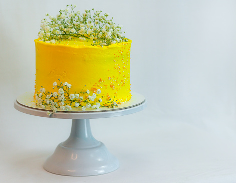 studio shot of yellow celebration frosted cup cake with wild white flowers isolated on white background