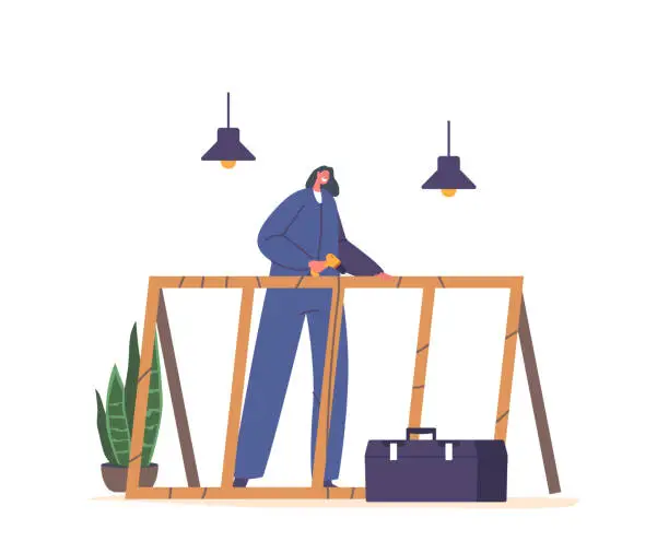 Vector illustration of Female Character Assembles Wooden Furniture Using Drill. The Furniture Is Pre-cut, And The Worker Follows An Instruction