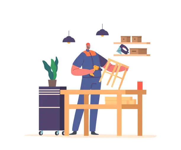 Vector illustration of Worker Male Character Assembles Wooden Chair Using Tools Such As Drills, Hammers, And Screws. Pieces Are Joined Together