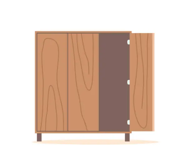 Vector illustration of Wooden Cupboard with Open Door, Furniture Item Made Of Wood, Consisting Of Shelves Or Drawers, Vector Illustration