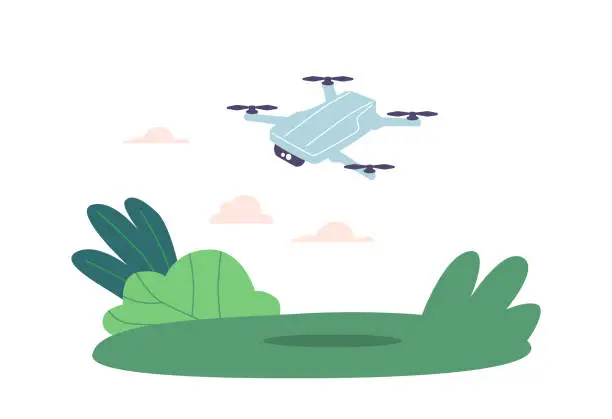 Vector illustration of Drone Soars Above Lush Green Meadow, Capturing Stunning Aerial Views Of The Vast Landscape Below