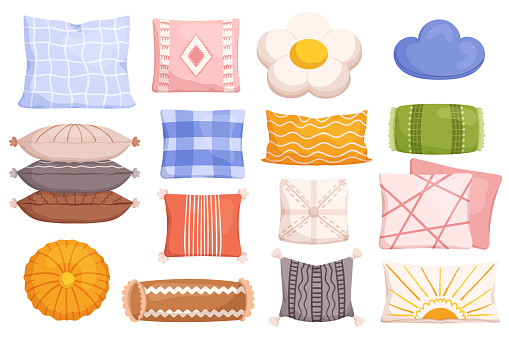 Colorful Pillow Set With Unique Patterns And Textures. Adds Comfort And Style To Any Room With Its Playful Mix Of Shapes And Colors, Cloud Flower, Roll, Square and Circle. Cartoon Vector Illustration