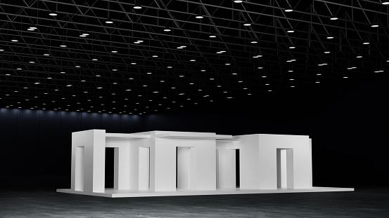 White mockup template design booth system exhibition stand display for event trade fair show in exhibition hall center, convention hall, 3D rendering.