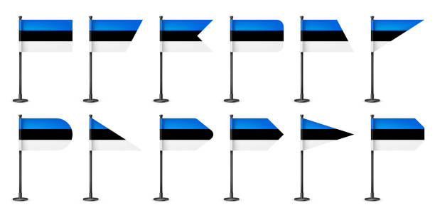 istock Realistic various Estonian table flags on a black steel pole. Souvenir from Estonia. Desk flag made of paper or fabric, shiny metal stand. Mockup for promotion and advertising. Vector illustration 1490444838