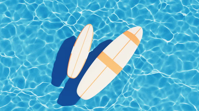 Loop animation of surfboard and flowing water, 3d rendering.