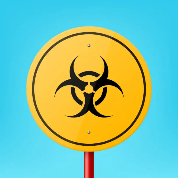 Vector illustration of Vector Yellow Round Road Sign Frame with Biohazard, Radiation Sign, Icon, Nuclear Warning Symbol Icon Closeup on Blue Background. Road Pointer Plate Design Template, Front View