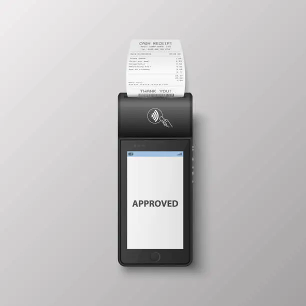 Vector illustration of Vector 3d Black NFC Payment Machine with Approved Status and Paper Receipt, Bill. Wi-fi, Wireless Payment. POS Terminal, Machine Design Template of Bank Payment Contactless Terminal, Mockup. Top View