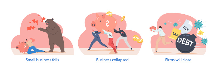 Crumbling Commerce Isolated Elements With Business Collapse Scenes Profit Plummeted And ...