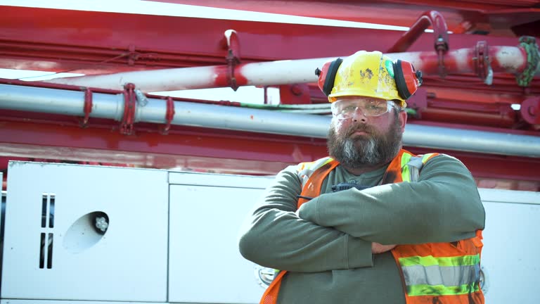 Construction worker standing by concrete pump truck