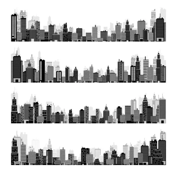 Vector illustration of City silhouettes. Cityscape, town skyline, horizontal panorama. Midtown, downtown with various buildings, houses and skyscrapers. Vector illustration