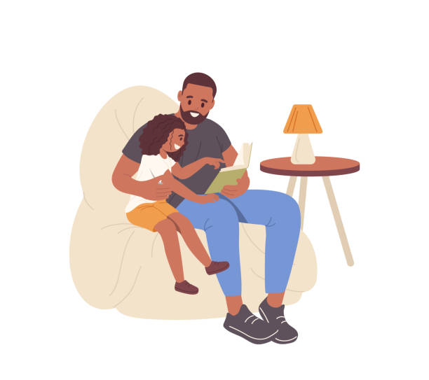 Happy loving father reading book with little smart daughter while sitting in armchair at home Happy loving daddy reading stories in book with little smart daughter child while sitting in armchair at home living room vector illustration. Father day, parenting and strong relationships concept funny fathers day stock illustrations