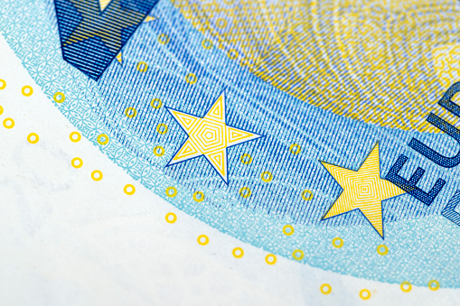 Close-up of the twenty euro banknote of the European Union, genuine 20 euro banknote