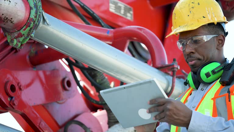 Man inspecting pipe clamp on a concrete boom pump truck