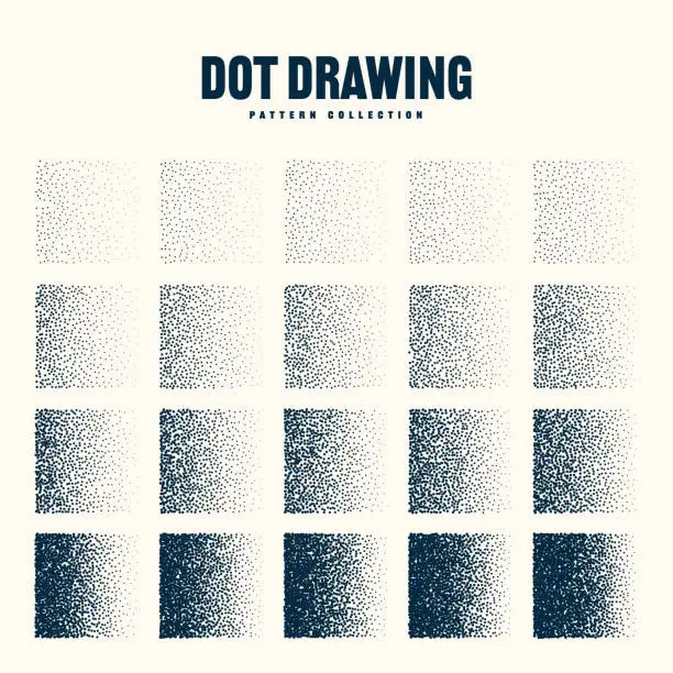 Vector illustration of Square shaped dotted objects, vintage stipple elements. Stippling, dotwork drawing shading using dots. Halftone disintegration effect. White noise grainy texture. Fading gradient. Vector illustration