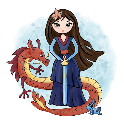 Girl with sword and dragon. Hand drawn illustration.