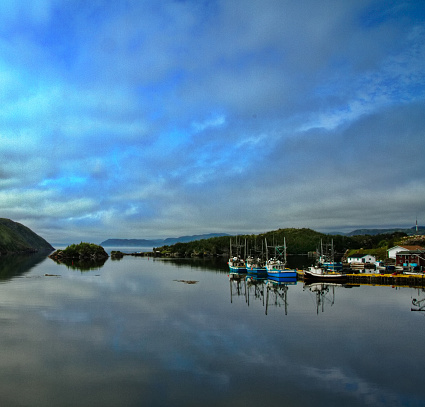 Sky, land, and water seascape of Southport, Trinity Bay, in Newfoundland and Labrador, Canada