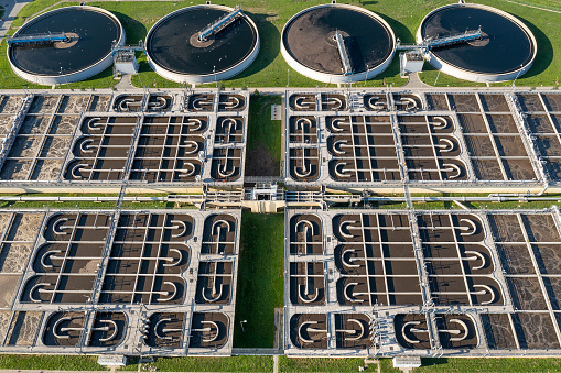 Sewage treatment plant viewed from above.