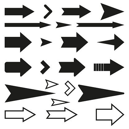 Black arrows pointing right. Arrow shape element set. Vector illustration. EPS 10.
