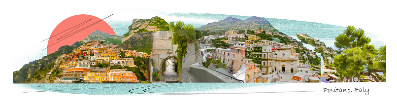 The collage of views of Positano at Italy along the stunning Amalfi Coast.