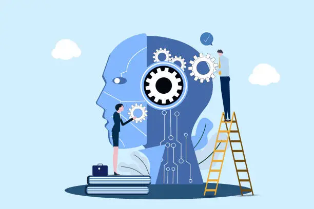 Vector illustration of Businessman or businesswoman  with Gears at Huge Cyborg Head. Artificial Intelligence, Machine Learning and Training Concept. Rpa, Robotic Process Automatization, Ai. Cartoon People Vector Illustration.