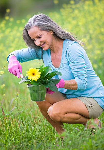 istock Middle Aged Woman Working In Flower Garden 149046352
