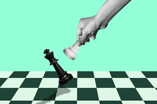 Check mate. hand of businessman moving chess figure Trendy 3d collage in magazine style. Contemporary art. Modern design