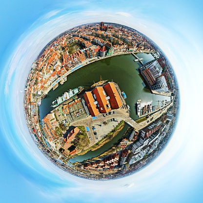 Aerial view of Gdansk city in Poland. Historical center in old town in european city. Modern european city, little planet panorama