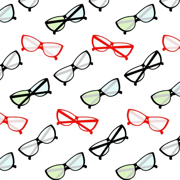 Vector illustration of Endless pattern of elegant stylized glasses with clear and multi colored lenses and frames. Vector.