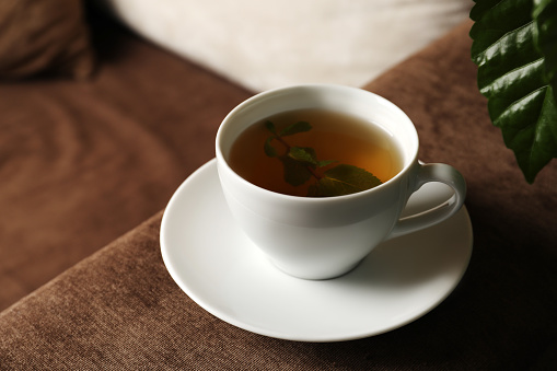 Cup of tasty herbal tea on sofa, closeup
