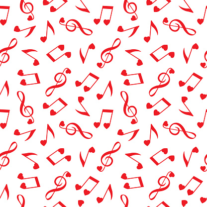 Vector seamless pattern of red musical note hearts on a square white background.