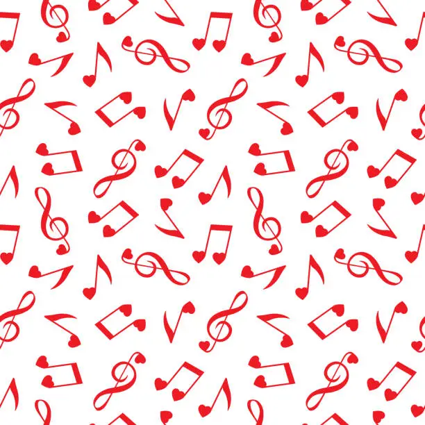 Vector illustration of Red Musical Note Hearts Seamless Pattern