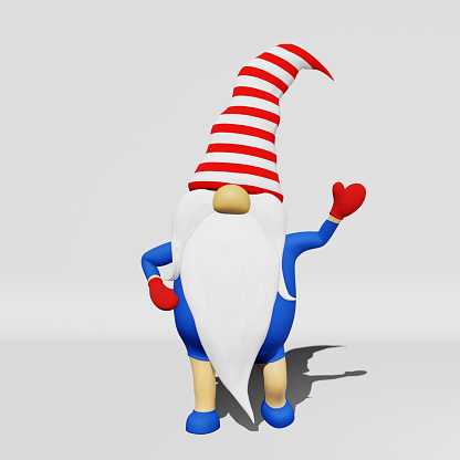 United States Independence Day gnome striped hat 3D rendering. 4th of July national USA flag holiday greeting card advertising party banner design. Scandinavian character american patriotic symbolics.