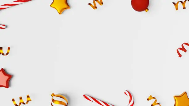 Christmas ornament candy cane balls shiny ribbons 3D rendering white background. Christmastide lollipop caramel stick Festive Xmas copy space banner. Winter holiday seasonal decoration flat lay header