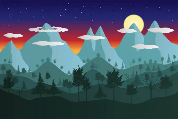 Vector illustration of Mountain landscape at night in vector illustration.