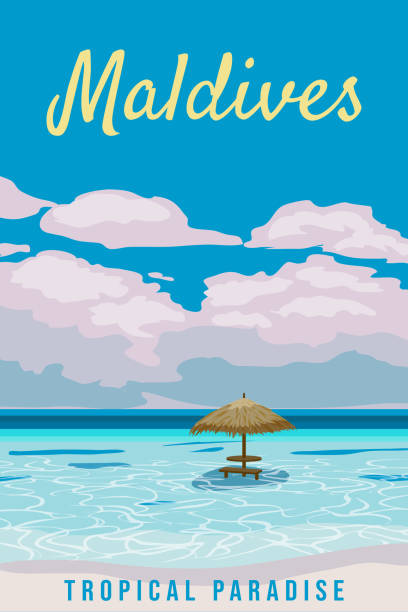malediven reiseplakat tropisches resort vintage - hawaii islands big island postcard summer stock-grafiken, -clipart, -cartoons und -symbole