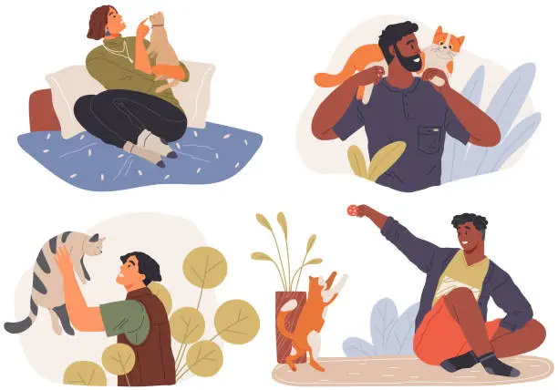 Vector illustration of Set of pet owners with cats. Collection of people playing, hugging, cuddling with animal friends