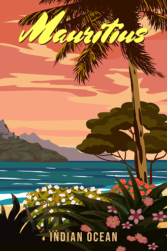 Travel poster Maurutius tropical island resort vintage. Beach coast, palms, ocean, coast. Paradise resort, retro style illustration vector postcard