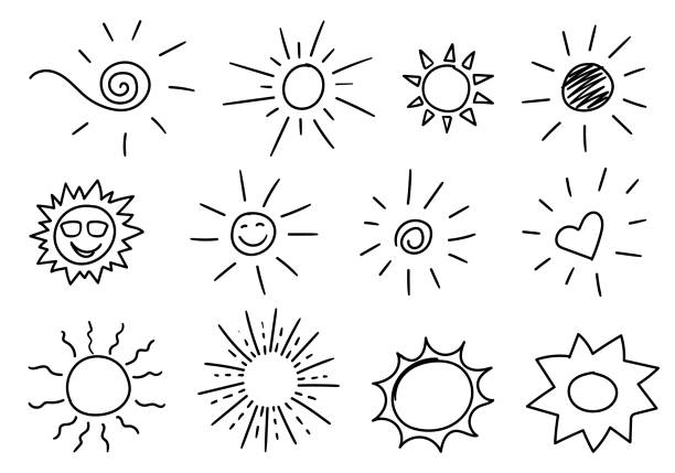 ilustrações, clipart, desenhos animados e ícones de desenho de sol desenhado à mão. doce desenho de sol preto e branco. sol monocromático isolado desenhando em fundo branco. - sketch symbol drawing illustration and painting