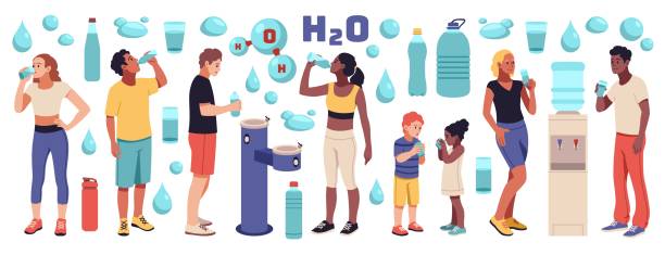 Drinking water. Happy cute people holding bottles and glasses with clean water, body hydration process, boy and girl near cooler. Healthy lifestyle. Cartoon flat isolated tidy vector set Drinking water. Happy cute people holding bottles and glasses with clean water, body hydration process, boy and girl near cooler. Healthy lifestyle. Cartoon flat isolated illustration, tidy vector set cute math drawings stock illustrations