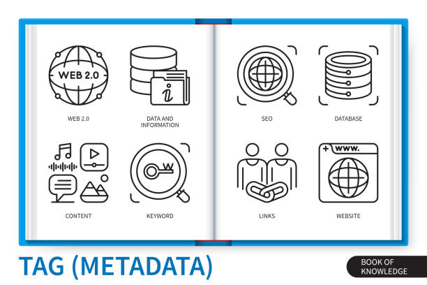 метаданные тегов, инфографика, коллекция линейных значков - keywords metadata single word optimization stock illustrations