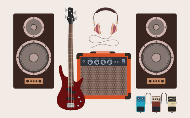 Music vector illustration design. Flat design style. Music vector illustration design. Sound speakers, bass guitar, amplifier, guitar pedals, headphones in flat style. Isolated color illustration. bass guitar stock illustrations