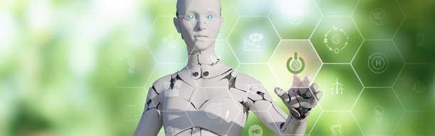 istock Green technology, using ECO solutions concept. Manage and restore nature to reduce greenhouse gas emissions. Robot ordering eco mode by pressing on power button with green fingerprints icon. 1490479500